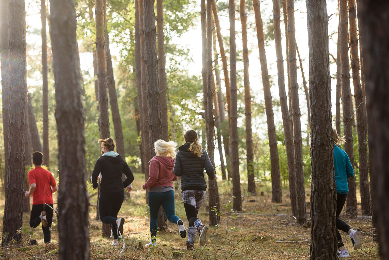 Patienten joggen im Rahmen der Sporttherapie im Wald